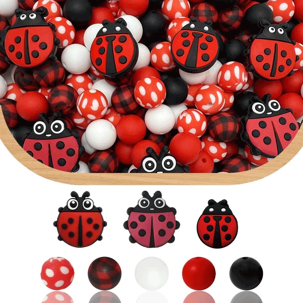 Set di perline in silicone serie Ladybug 3D da 25/42/43 pezzi, perfetto per lavori artigianali fai-da-te come portachiavi, collane, braccialetti, ecc.