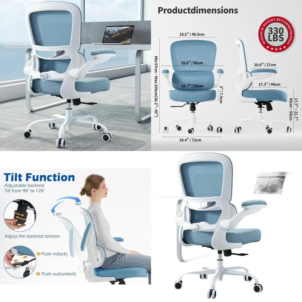 Sedia da Ufficio Ergonomica in Rete Blu Cielo con Supporto Lombare Regolabile e Braccioli Imbottiti per Gaming o Uso Domestico