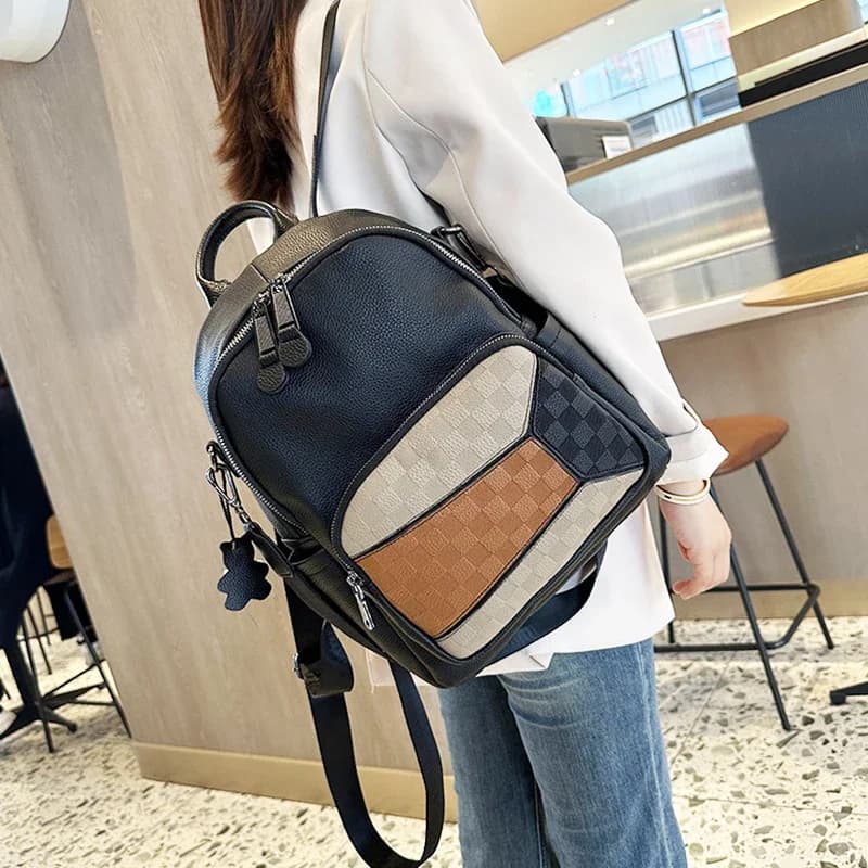 Cowhide Genuine Leather Backpack Unisex for Daily Use Commuting and Casual Outings Men Women Bags Colorful Plaid Patchwork Bag