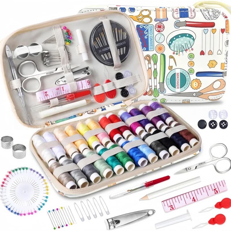 Kit da Cucito Portatile da Viaggio con Aghi, Fili, Forbici, Spille, Metro a Nastro, Borse Portaoggetti, Set per Ricamo e Lavori Manuali Fai-da-Te