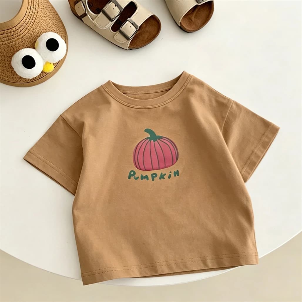 Magliette carine a maniche corte per bambini e bambine, abbigliamento casual estivo alla moda, maglietta con stampa zucca, girocollo, per bambini