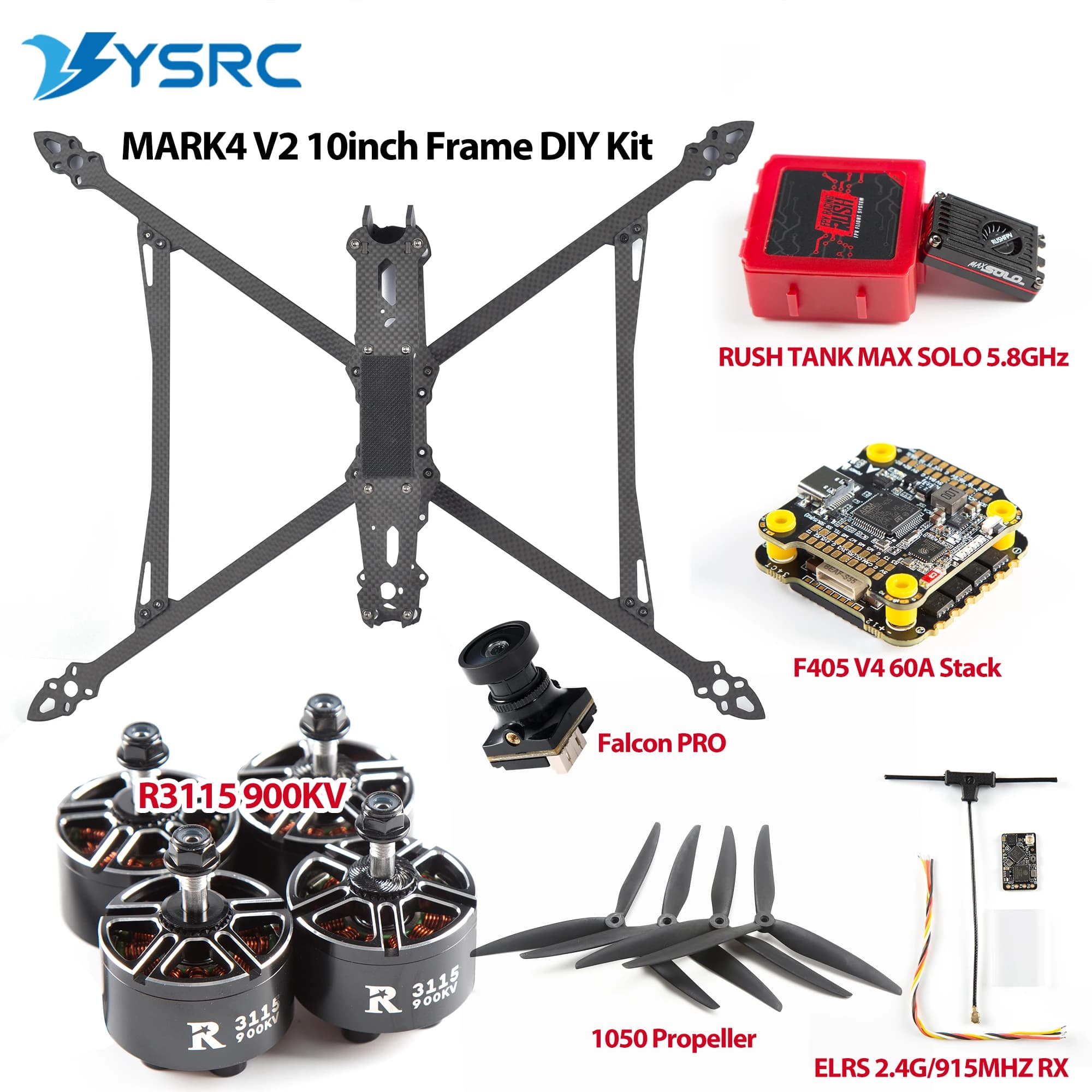 Mark4 10 pollici 427mm FPV Interasse Telaio in fibra di carbonio Kit fai da te F405 V4 FC 60A ESC/RUSHFPV MAX SOLO 2.5W VTX/ 3115 900KV Parte motore