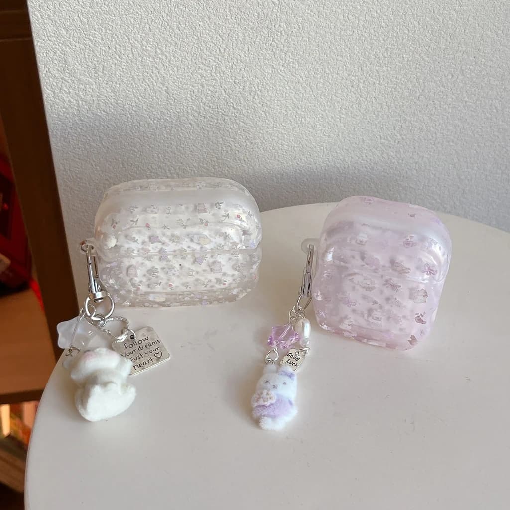 Custodia per Auricolari Cartoon con Coniglietto Floreale, Bordo Ondulato e Ciondolo per AirPods 1 o 2 3 4 Pro 2 Pro 3