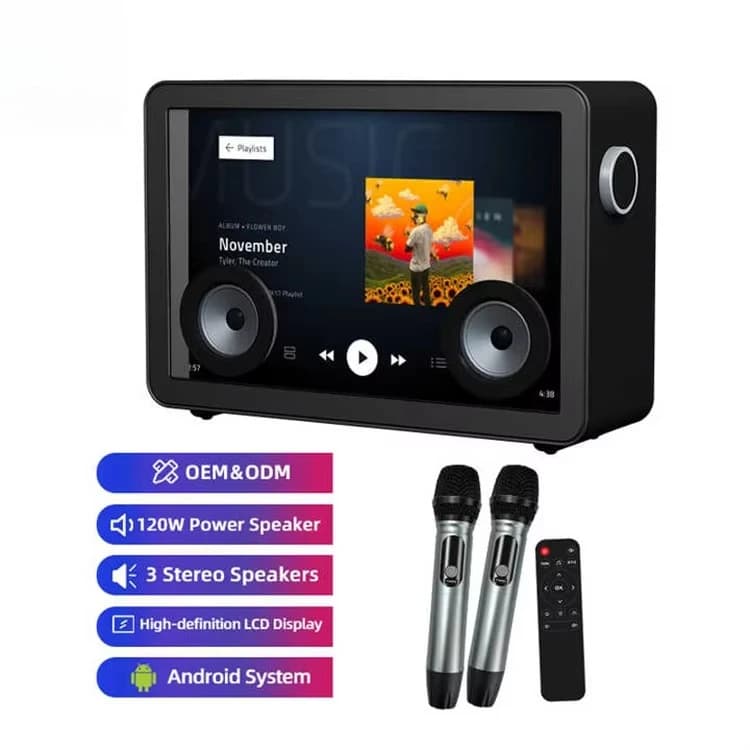 Macchina per karaoke portatile Altoparlante touch screen da 19,5 pollici Microfoni wireless con ricarica automatica Display con testi incorporati Altoparlante con ingressi multipli