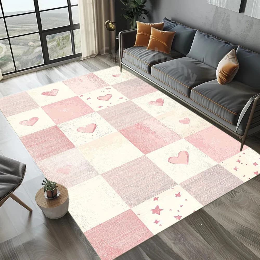 Tappeto con motivo a cuore a quadretti Tappeto lavabile antiscivolo dal design dolce e carino per la decorazione della casa della camera da letto del soggiorno della camera della ragazza