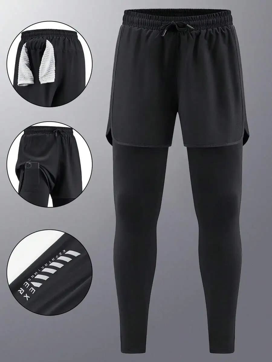 Pantaloni sportivi da uomo 2 in 1 con fodera elastica ad asciugatura rapida per corsa, fitness, basket, neri
