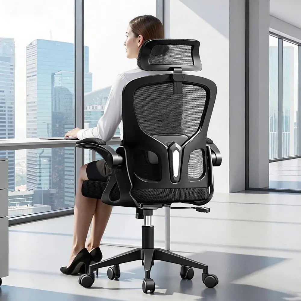 Sedia Ergonomica in Rete con Schienale Alto, Braccioli Regolabili, Supporto Lombare e Comfort per Gaming o Ufficio (Nera)