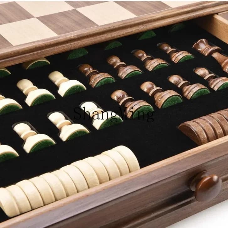 Set di scacchi e dama in legno massello di noce CL con cassetto, scatola per scacchi di alta gamma in legno massello