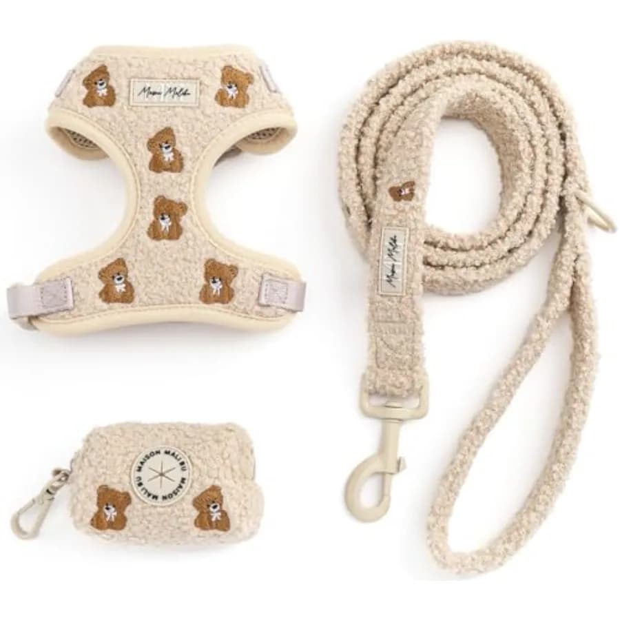 Set Pettorina e Guinzaglio Coordinati Ricamati per Cani con Sacchetto per Escrementi, Pettorina Regolabile Imbottita Traspirante Anti-Trazione per Cuccioli Extra Piccoli