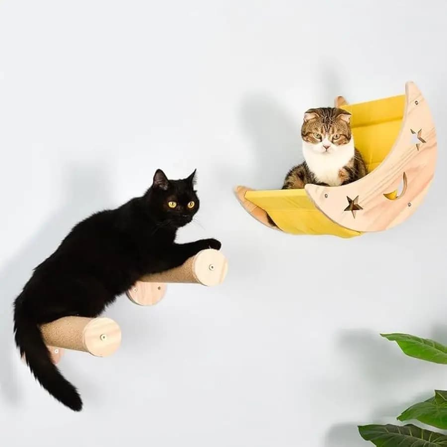 Cuccia per Gatti a Forma di Luna, Mensola a Muro con 2 Gradini e Piattaforme in Sisal, Tiragraffi in Corda, Arredo Murale in Legno