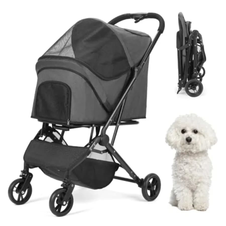 Passeggino per Animali Domestici di Taglia Media e Piccola: Carrello Pieghevole Leggero per Cani e Gatti con Telaio in Alluminio Reversibile, Ruote in Gomma Senza Camera d'Aria