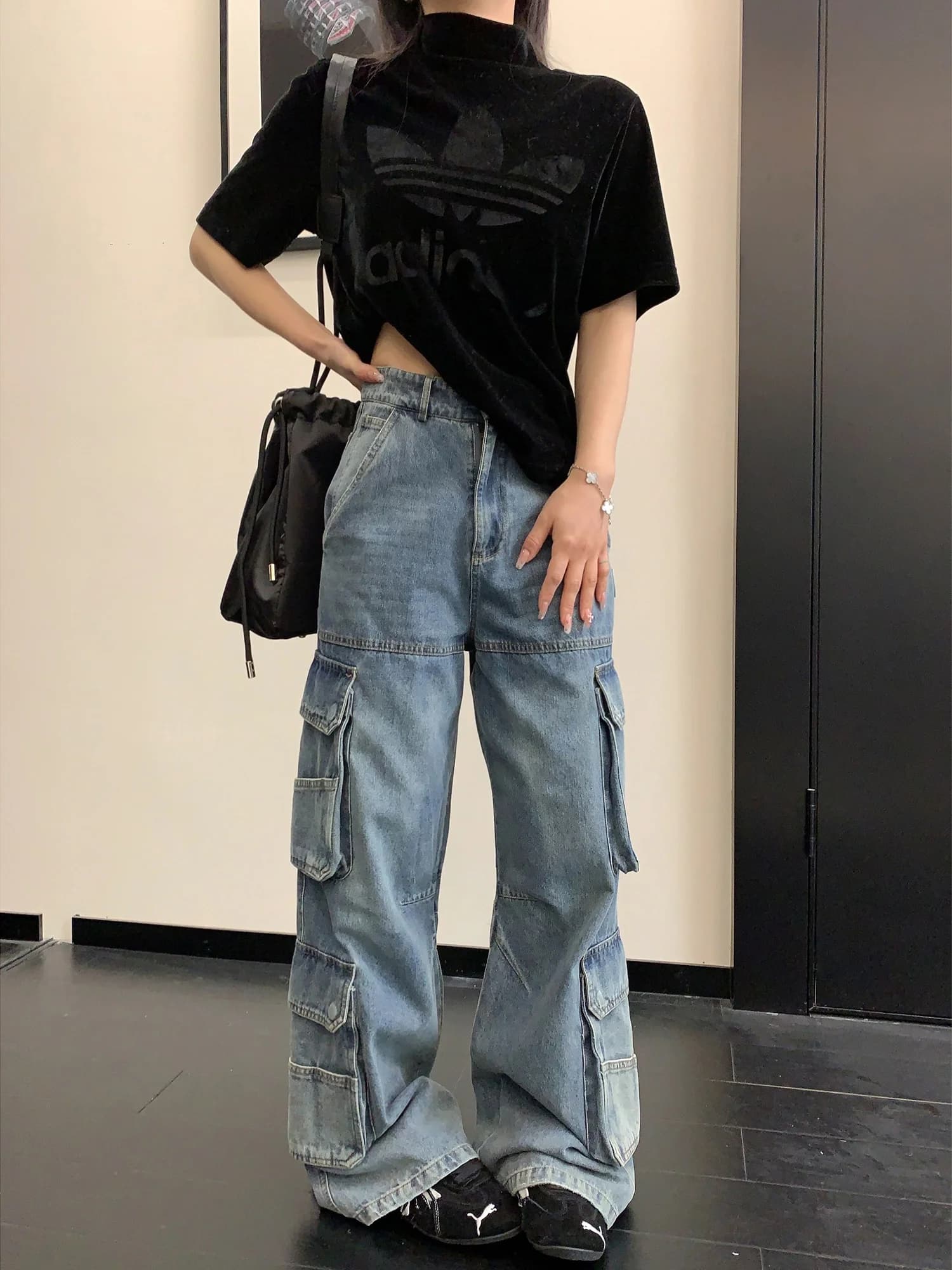 Jeans denim da donna stile americano primaverile, pesanti, larghi, a gamba dritta, multitasche, stile workwear, trendy Oisis