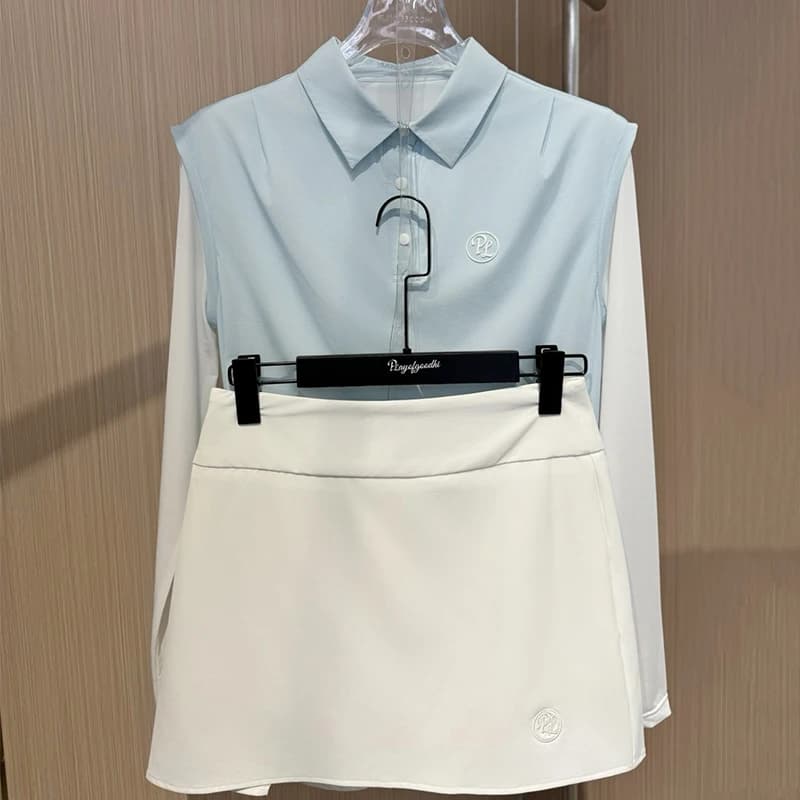 PL Abbigliamento da golf da donna Protezione solare Polo a maniche lunghe Top Gonna a pieghe a vita alta da donna Tuta sportiva da golf rinfrescante in seta ghiacciata