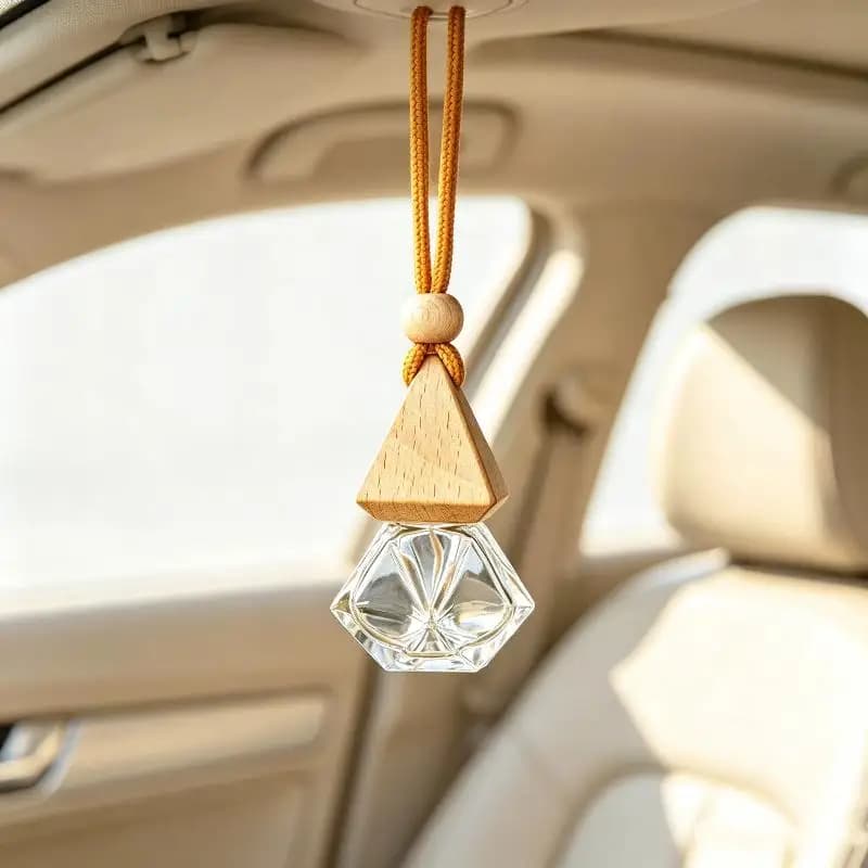 Hanging Empty Glass Car Diffuser Bottles with Natural Wood Lids Leakproof for DIY Aromatherapy Car Air Freshener