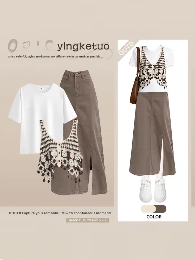 Summer New Retro Artistic Woven Hollow out Vest Pure Color T-Shirt Slim High Waist Midi Skirt Three Piece Set Women's Fashion