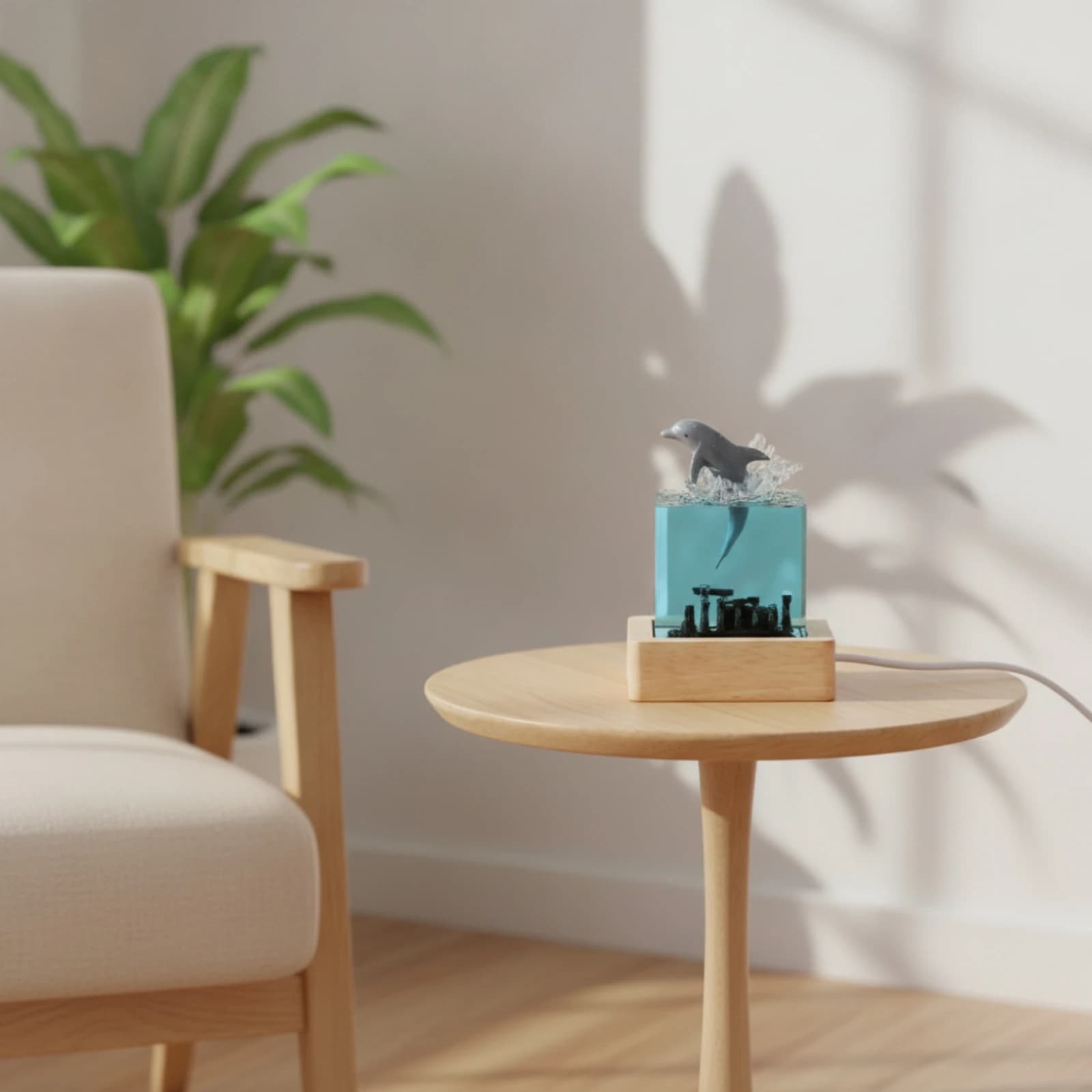 Ocean Resin Lamp Transparent Lamp with Wood Base Ocean Resin Cube Modern Decor Compact for Bedside, Desk