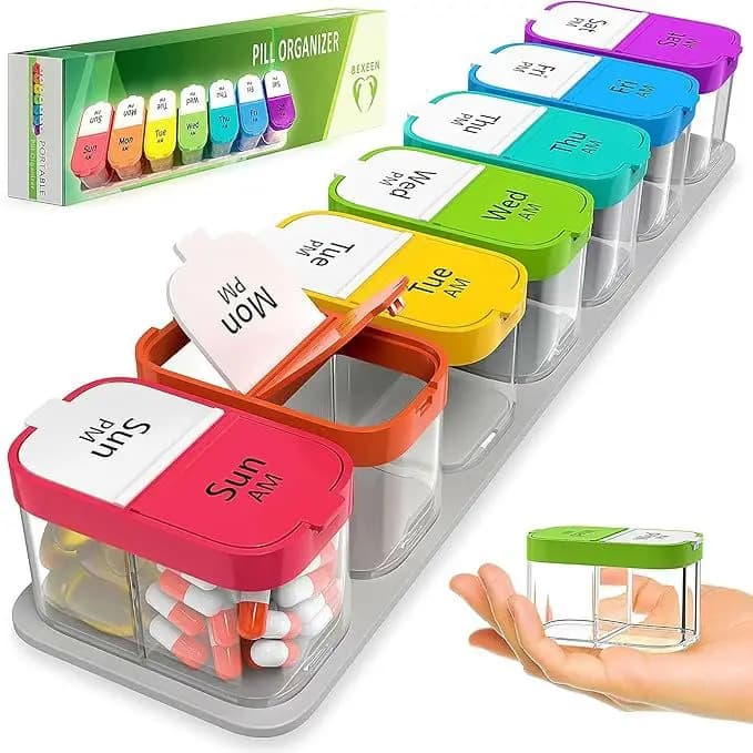 Extra large weekly pill holder 2 times a day, 7 days Am Pm to contain daily medicine, vitamins and supplements for elderly people