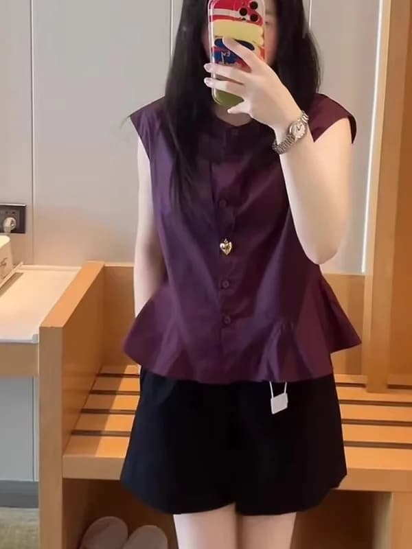 Elegant plus Size Women's Sleeveless Shirt Purple Waist-Cinching Belly- Concealing Slimming Top Korean Style Regular Fit