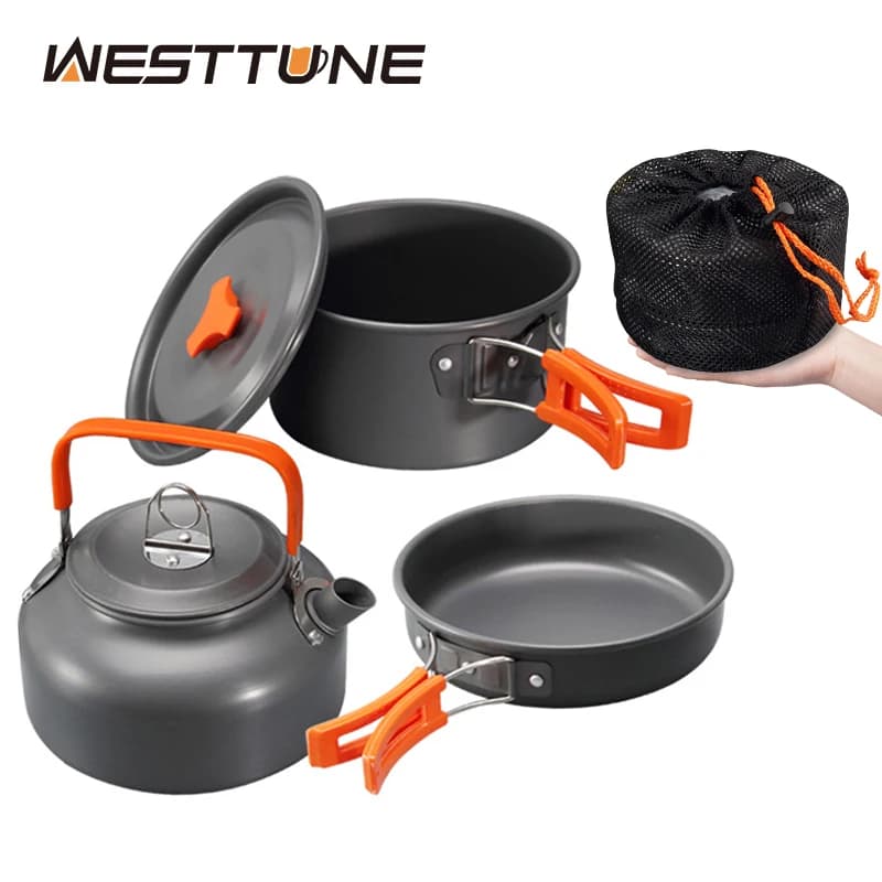 WESTTUNE Camping Pentol Kit Outdoor Kitchen Set Aluminum Pentola Pan Tea/Coffee Maker Hiking Picnic 3 pieces