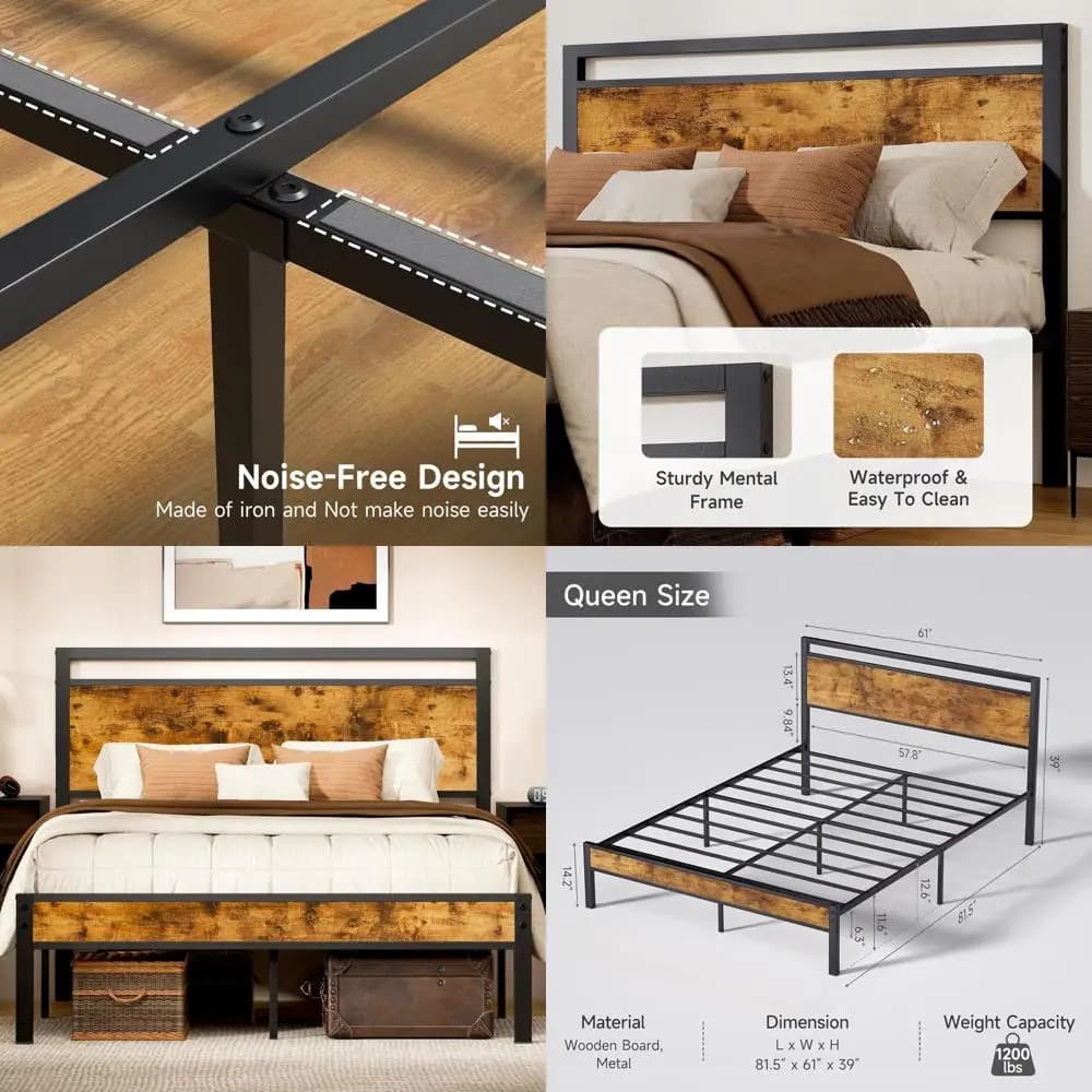 Metal double bed with headboard, non-slip, silent support, no spring net, storage space under the bed