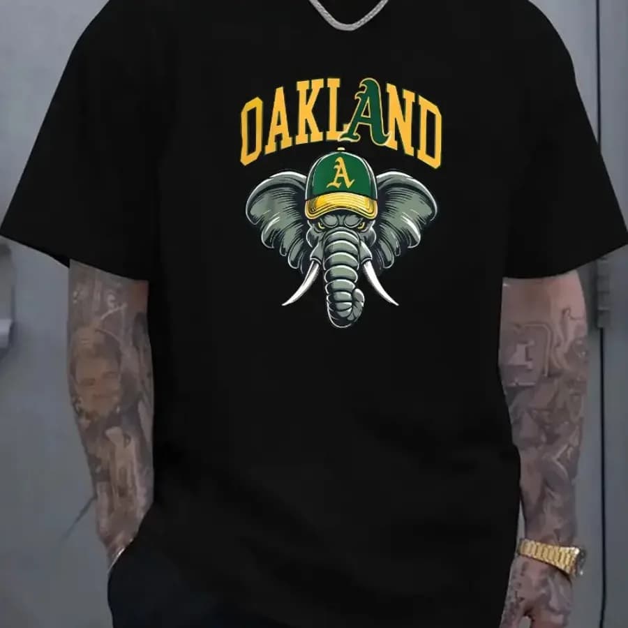 【Nuovo arrivo】T-shirt con mascotte dell'elefante Oakland Athletics, top a maniche corte unisex casual per appassionati di baseball