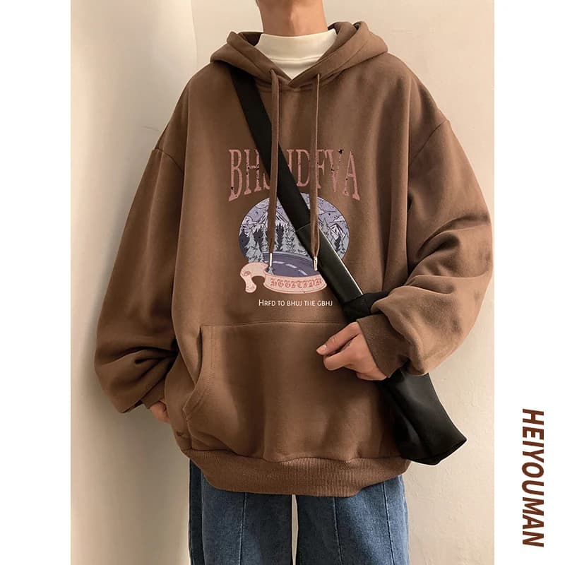 American Sle Men's Oversize Hoodie Spring Autumn Casual Sportswear Loose Fit Sweatirt with Pouch ket Printed Design