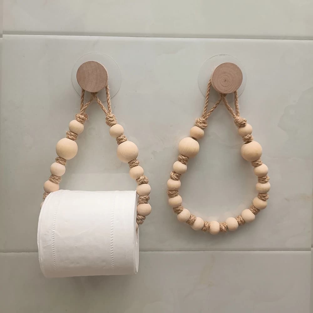 No-Drill Toilet Paper Holder with Rustic-Style Hemp Rope and Wooden Ball, Adhesive Installation, Bathroom Accessory