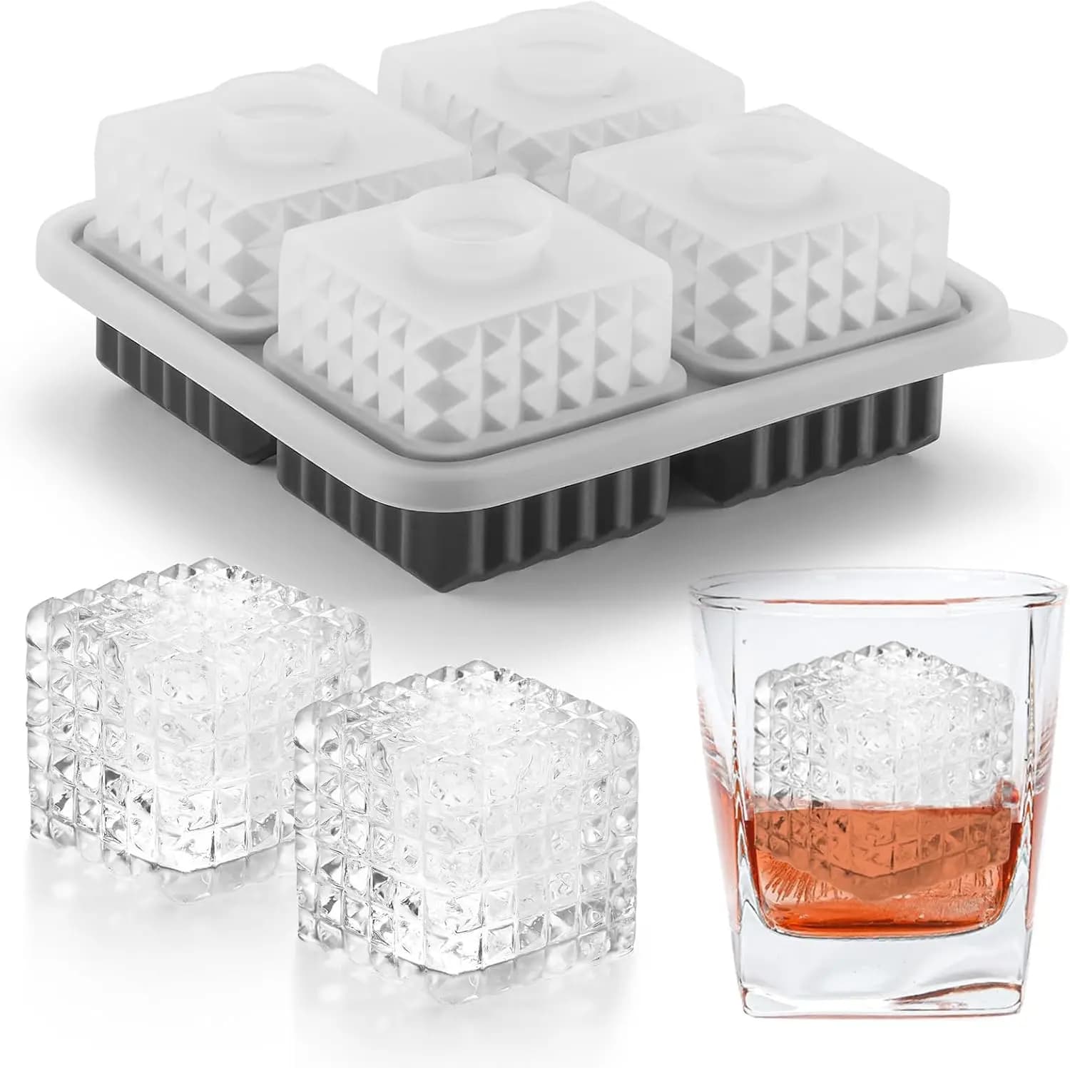 Vassoio per cubetti di ghiaccio quadrati grandi in silicone con imbuto, stampo per ghiaccio 3D di grandi dimensioni per whisky, brandy, cocktail e bourbon, idea regalo per uomo