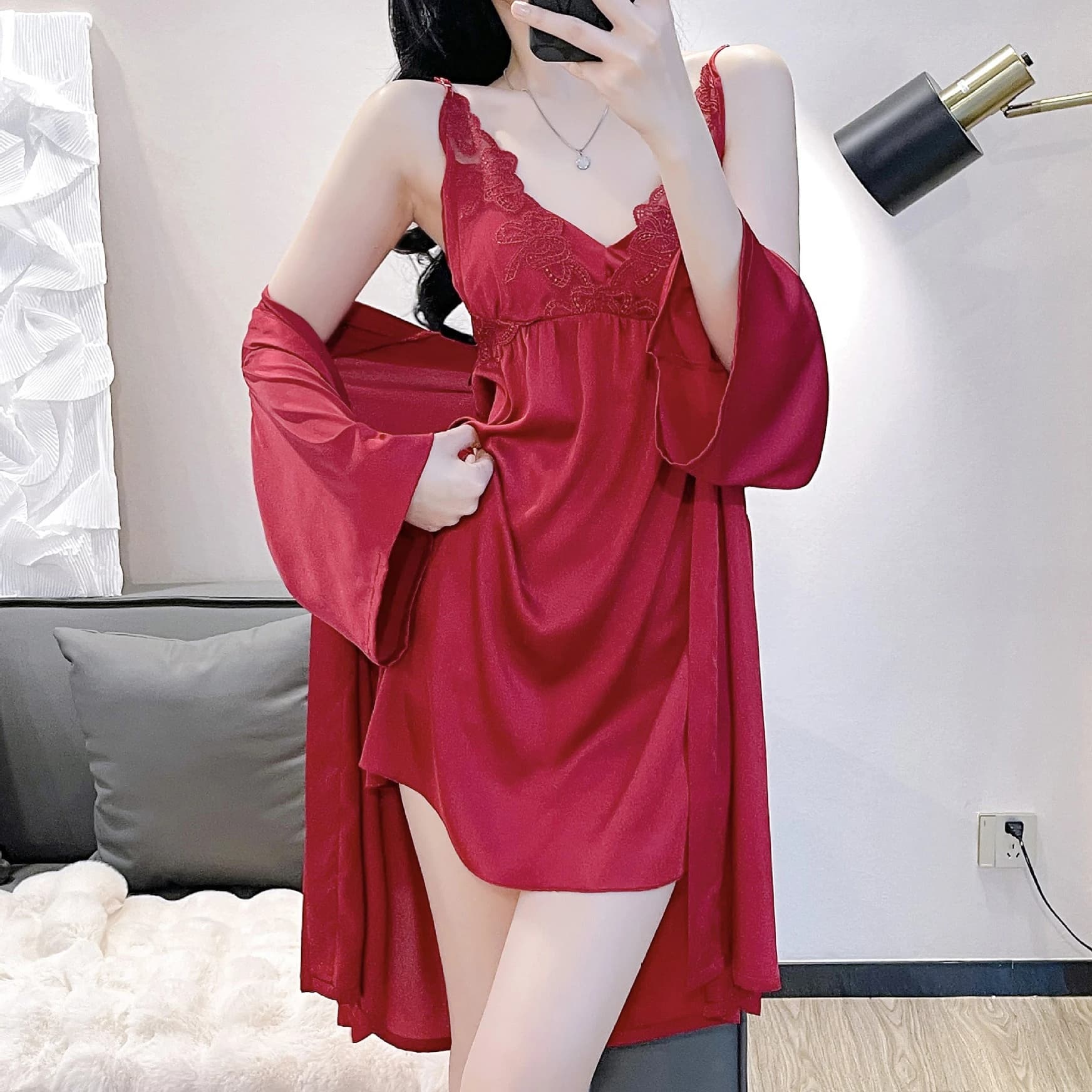 Completo da Notte Due Pezzi in Pizzo e Raso per Donna, Camicia da Notte e Vestaglia Kimono con Scollo a V, Set Estivo di Lingerie