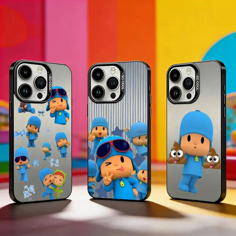Custodia per telefono P-Pocoyo C-Cute C-Cartoon per iPhone 17, 16, 15, 14, 13, 12, 11 Plus, Pro Max, XS, color argento