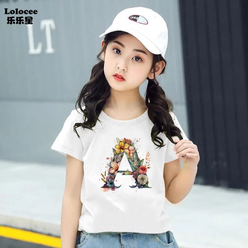New summer t-shirt Fashion Alphabet A-Z ragazze magliette Harajuku Retro t-shirt Flowers Element Nice girocollo Unisex Kids Tops