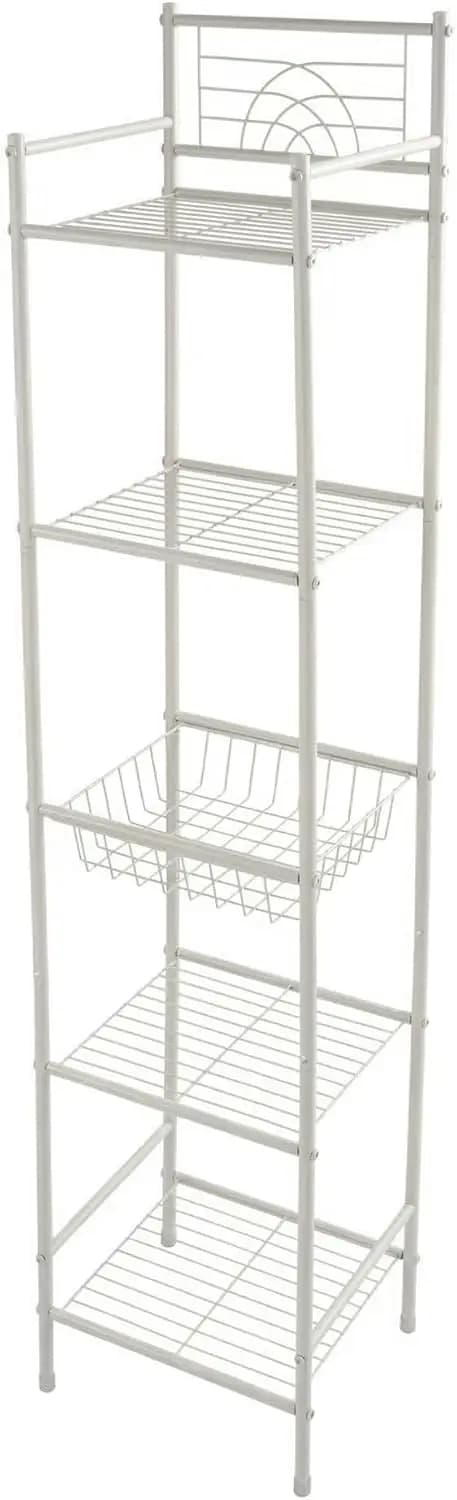 Scaffale portaoggetti da bagno a 5 livelli, autoportante, in metallo bianco, resistente alla ruggine, salvaspazio, porta carta igienica e asciugamani