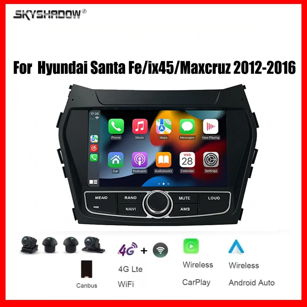 Autoradio multimediale 8" CarPlay Android con 4G, Wi-Fi, Bluetooth, GPS e navigazione per Hyundai Santa Fe/ix45/Maxcruz 2012-2016