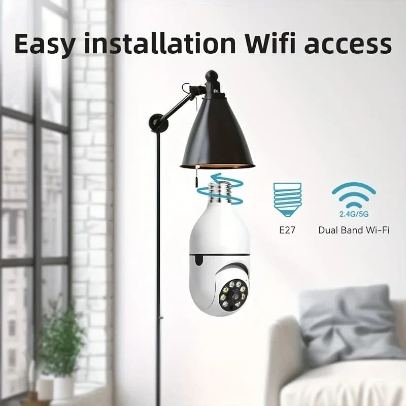 2 telecamere di sicurezza wireless da esterno con lampadina APP Ease Life, 5GHz, 360 gradi, attacco E27 a vite.