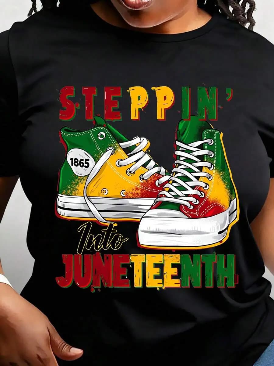 Steppin Into Juneteenth 1865 Sneakers Design T-shirt da donna casual con scollo rotondo e maniche corte, comoda da indossare tutti i giorni, perfetta per