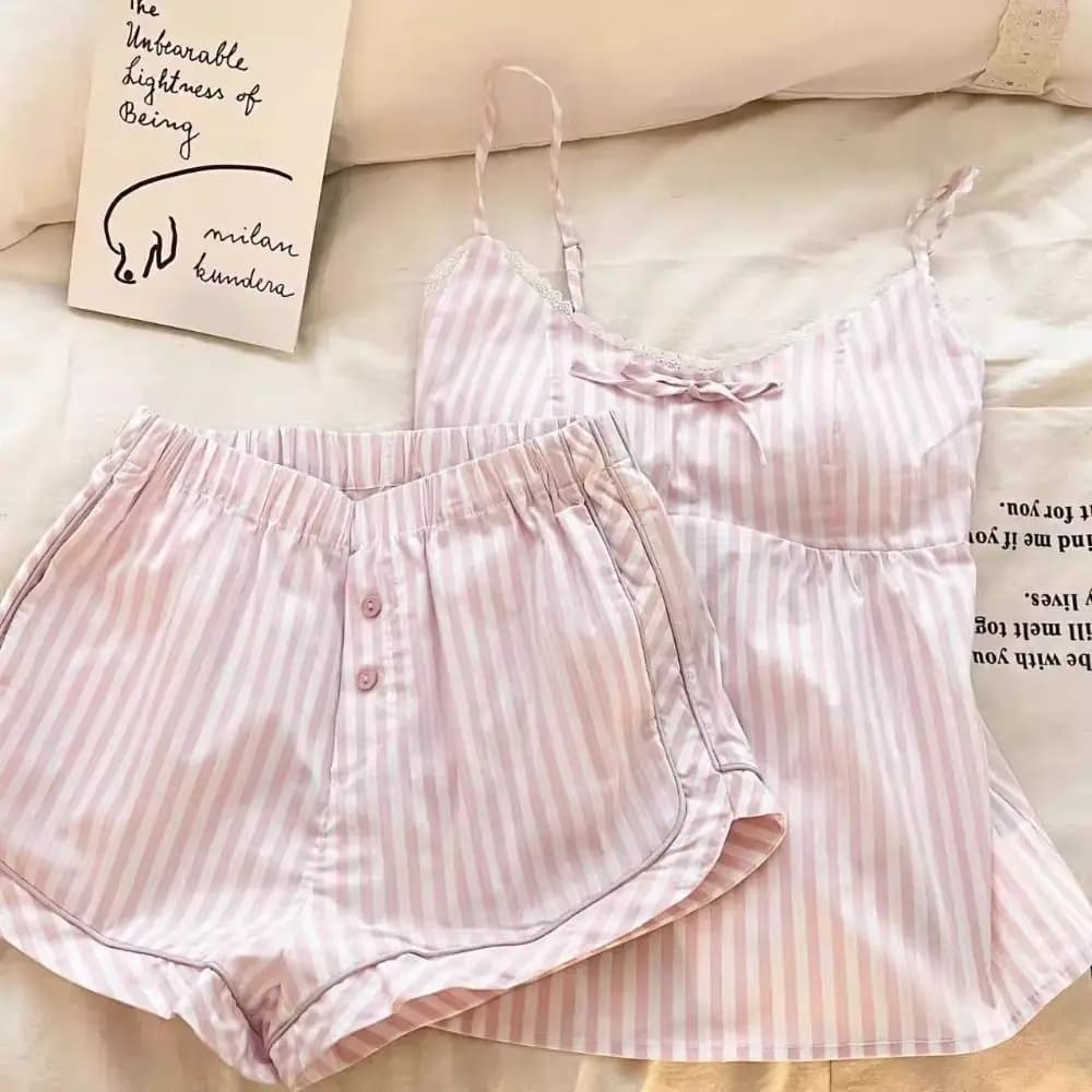 Pigiama a righe in pizzo Bowknot Abito senza maniche Canotta allentata Pantaloncini Indumenti da notte Indumenti da notte da donna Slim Fit Due pezzi Set pigiama Casa