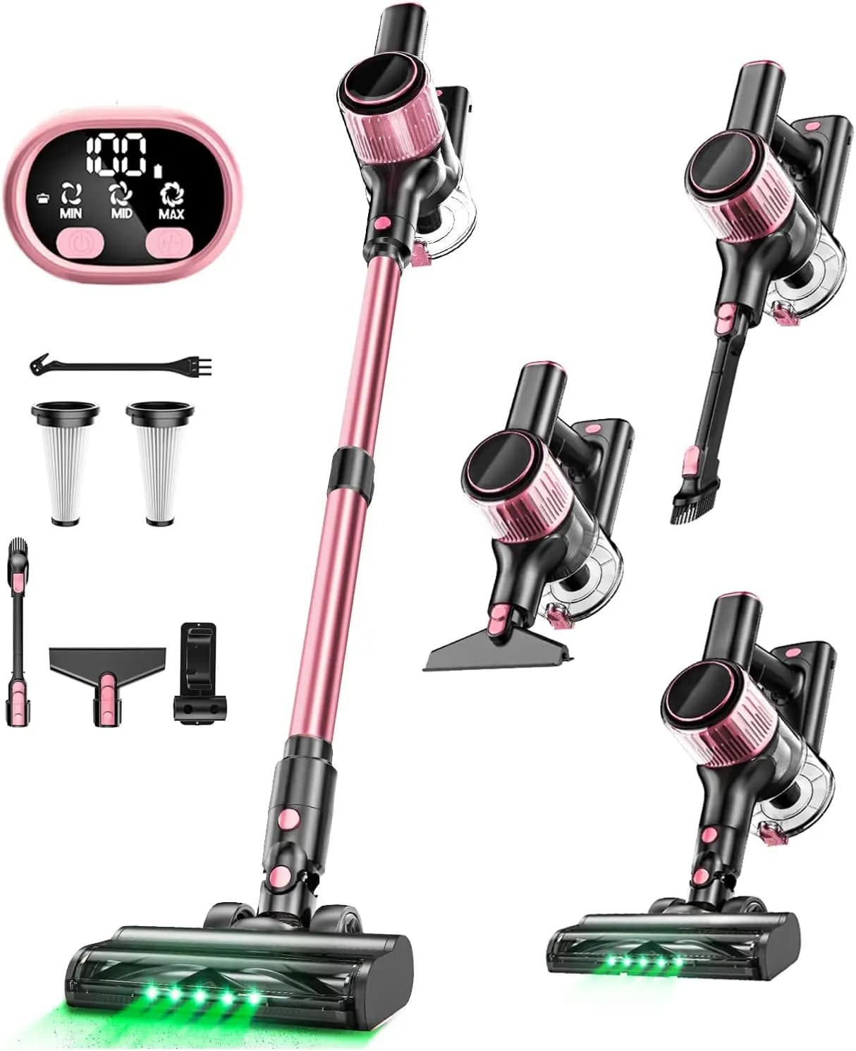 Aspirapolvere Senza Fili 8-in-1 con Potente Aspirazione, Display LED, 3 Modalità per Pavimenti e Peli di Animali Domestici, Rosa