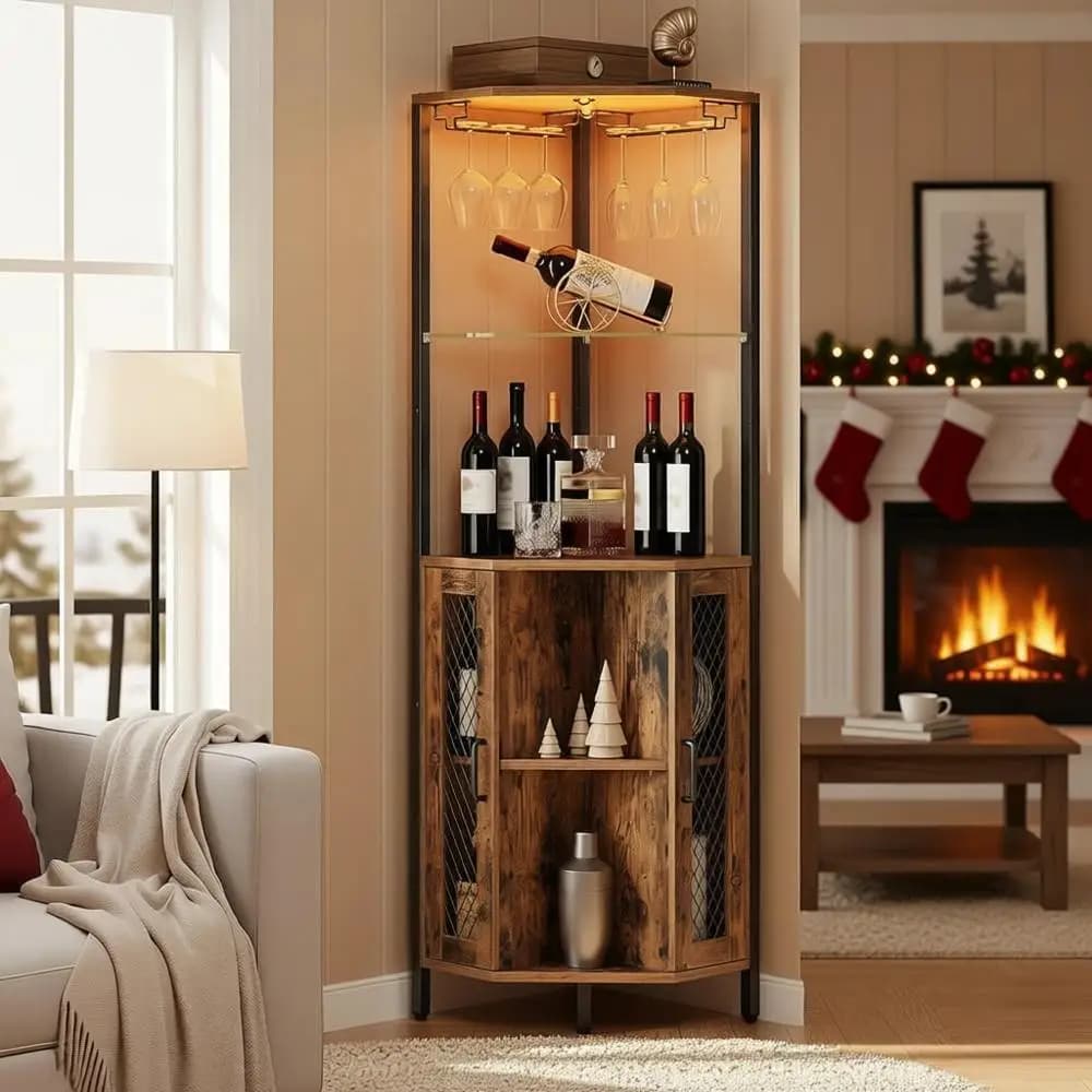 Mobile Bar Illuminato a LED, Armadio Alto per Vini, Mobile Liquori Industriale a 5 Ripiani con Portabicchieri, Scaffalature Regolabili