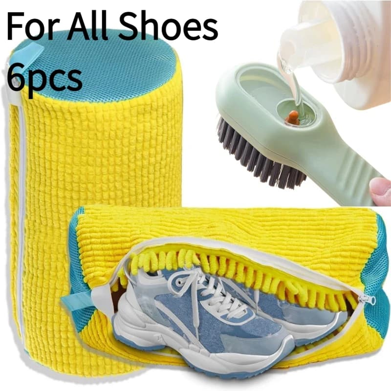 Set di 6 Sacchetti Gialli per Lavaggio Scarpe con Spazzola, Sacchetto Resistente e Spazzola a Setole Morbide per Tutte le Scarpe