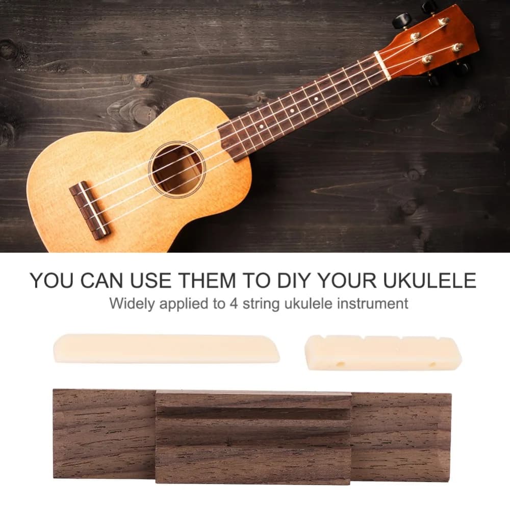 ​ Set di ponti per ukulele in palissandro ​ ​ Sella regolabile in altezza Facile da installare ​ Sella per ukulele ​ ​ Dado in plastica ​ ​ Dado del ponte in palissandro ​