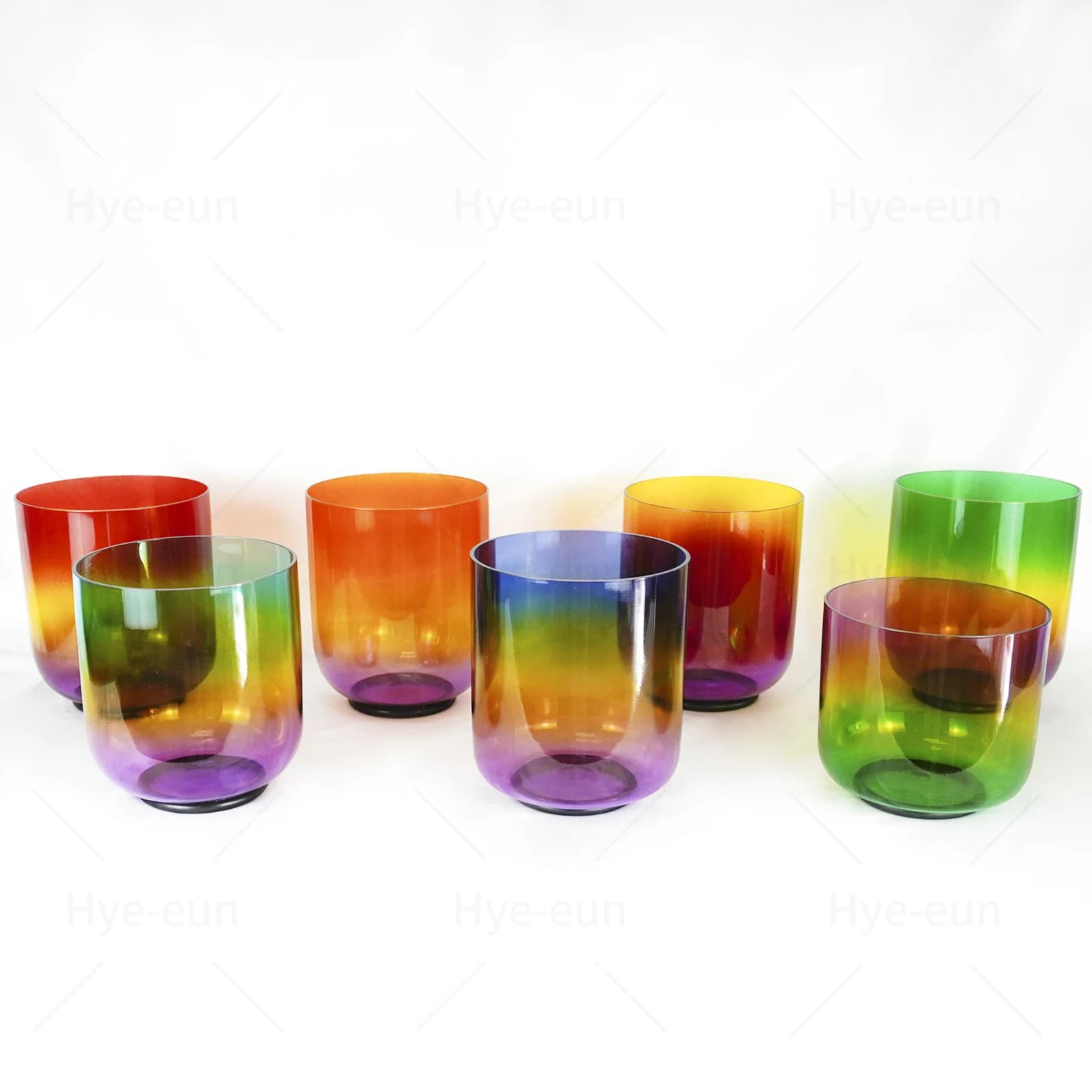 Hey-eun 525-6.75inch Rainbow Clear Crystal Singing Bowls Set of 7pcs Colored Transparent Bowl with Crystal Rod and O-rings
