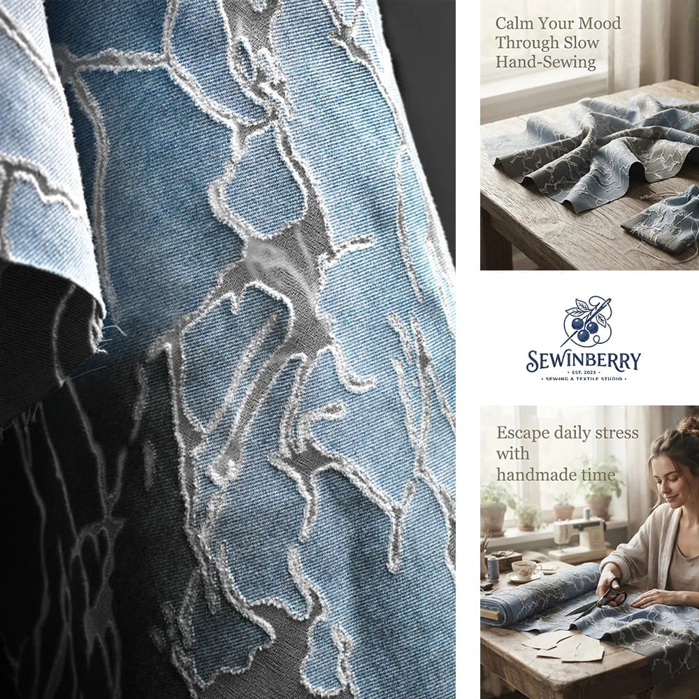 Vintage Blue Frayed Floral Cut Out Denim Fabric Stress Relief DIY Sewing Material For Jacket Skirt Bag Streetwear Handmade