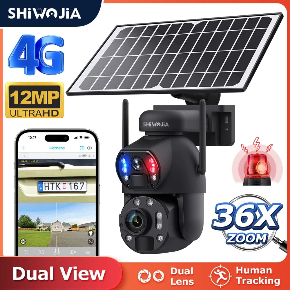 SHIWOJIA 6K 12MP 4G Telecamera solare Zoom 36X DualLens Registrazione Tracciamento umanoide Telecamera WIFI esterna Metallo CCTV impermeabile 12000mA