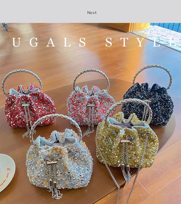 Borsa Clutch da Sera di Lusso con Glitter, Paillettes e Diamanti, Borsa a Secchiello per Matrimoni e Feste, Borsa a Mano da Donna con Manico in Metallo, Borsa a Tracolla Messenger