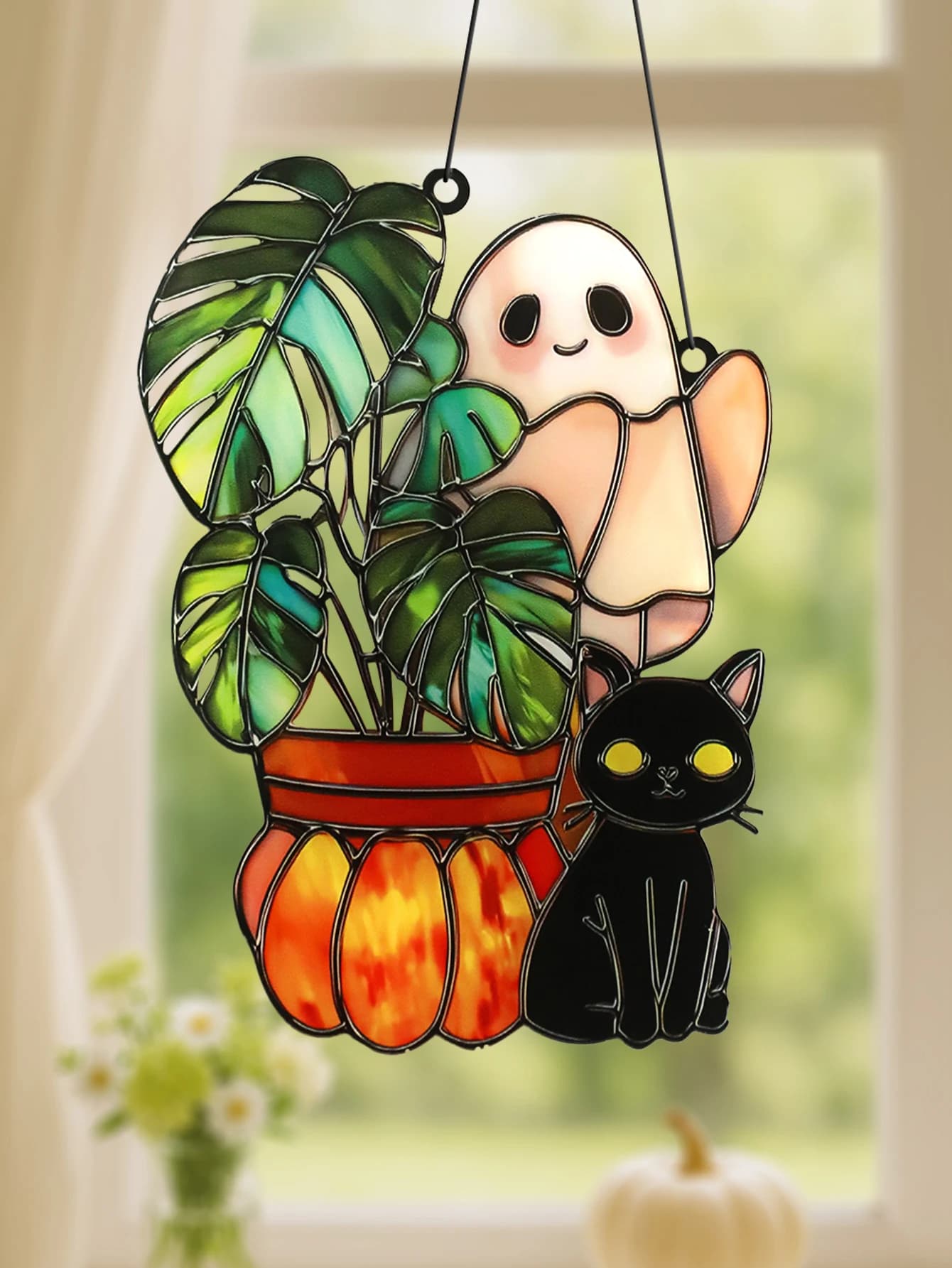Simpatico fantasma di Halloween appeso decorazione acrilico gatto nero e zucca pianta in vaso design decorazione da parete casa e giardino finestra ornamento regalo