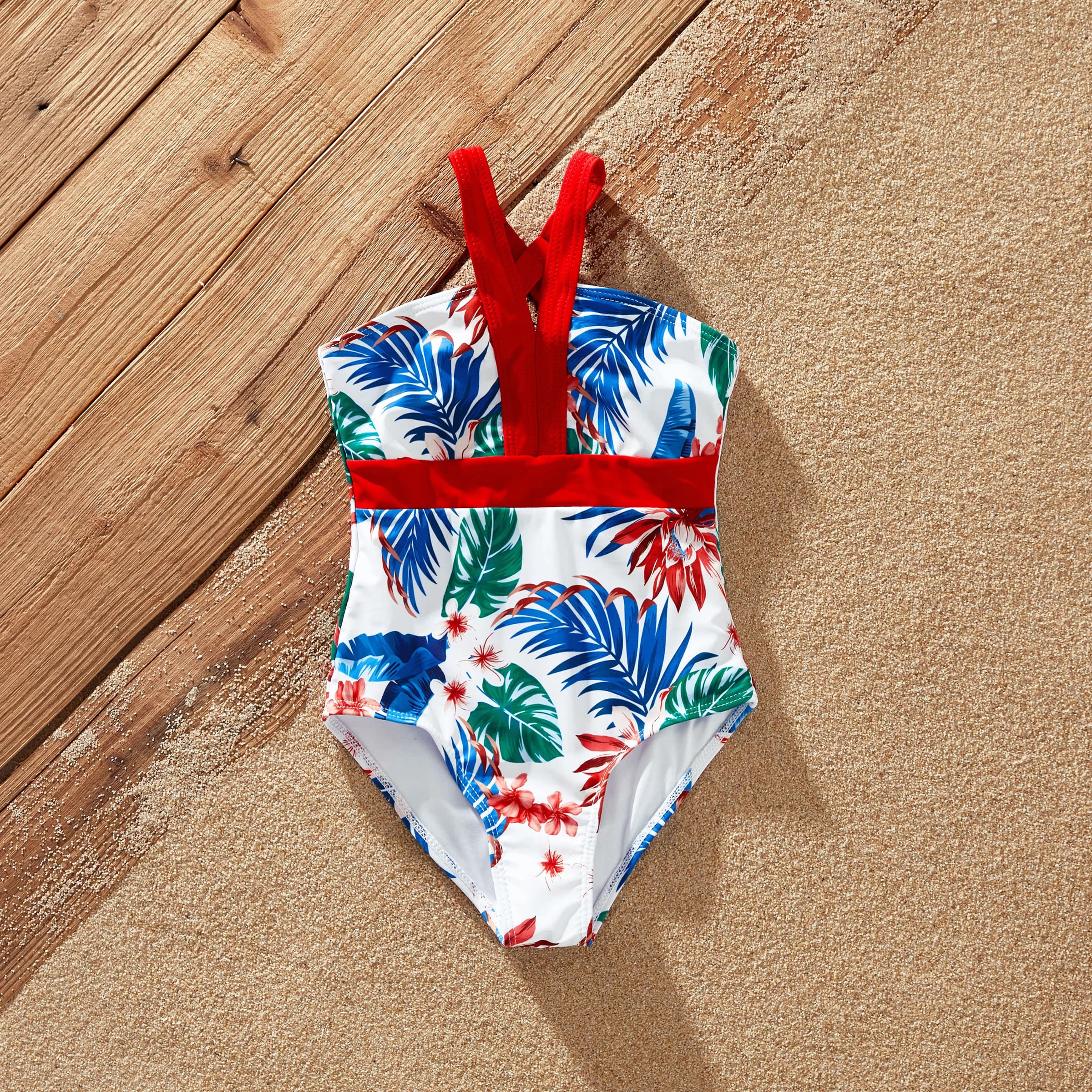 Costume da bagno intero da ragazza PatPat con stampa di piante tropicali e cinturino per spaghetti rosso