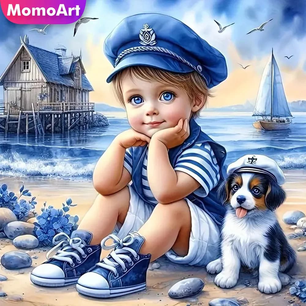 Momoart Pittura piena di diamanti Kid Boy Ritratto Immagine di strass Mosaico Cane Ricamo fai da te Seasdie Home Decor