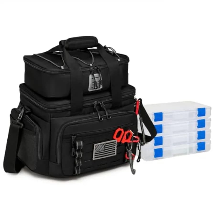 Borsa per Attrezzatura da Pesca con 4 Scatole Porta Esche e Tasca Staccabile per Mulinello, Organizer Impermeabile per Attrezzi da Pesca, Resistente