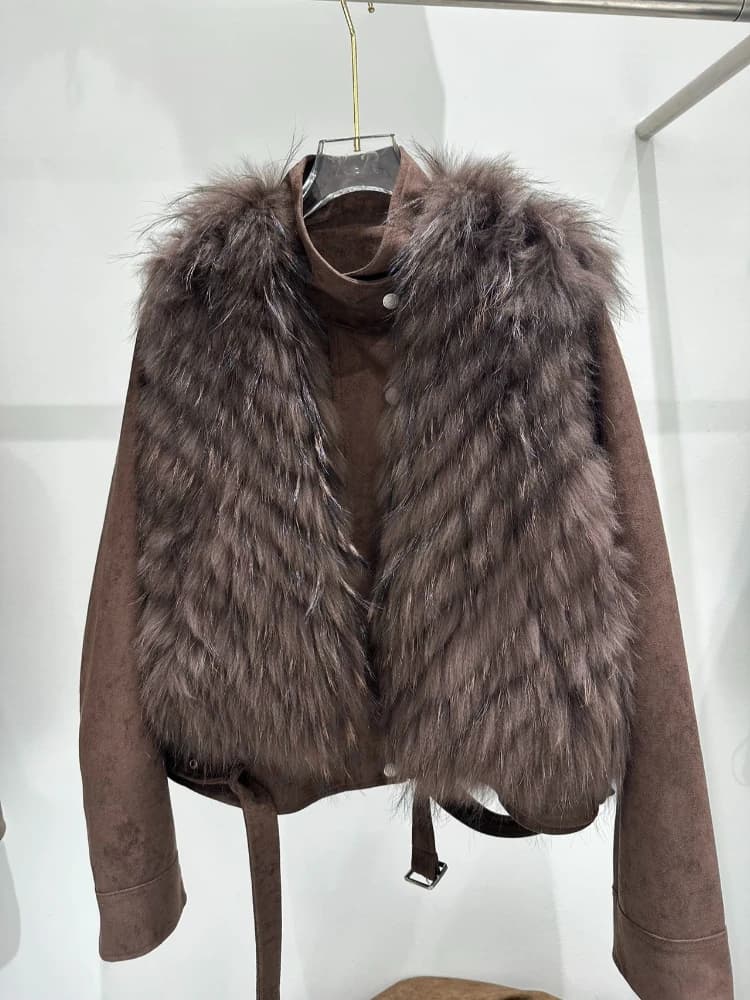 Women Real Fur Coat Ladies Short Stand Collar Plush Fur Jacket Long Sleeve Windproof Cold Protection Street for Daily Wear