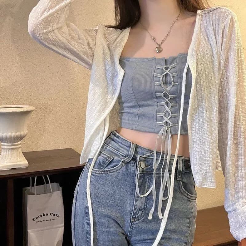 Camicia con lacci da donna elegante Cardigan sottile con scollo a V bianco carino moda coreana protezione solare 2024 primavera estate dolce Tie Up top